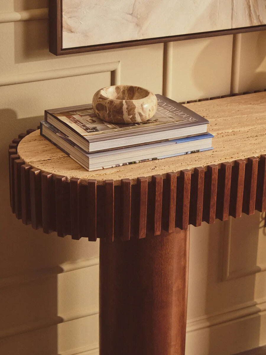 Babel Travertine and Mango Wood Curved Console Table