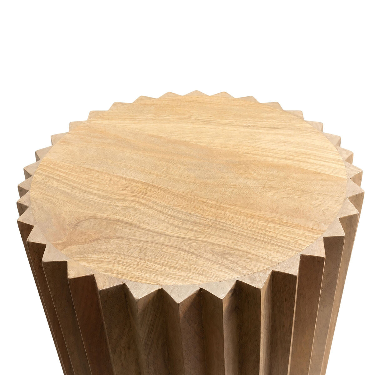 Barto Round Mango Wood Carved Ridged Side Table and Stool
