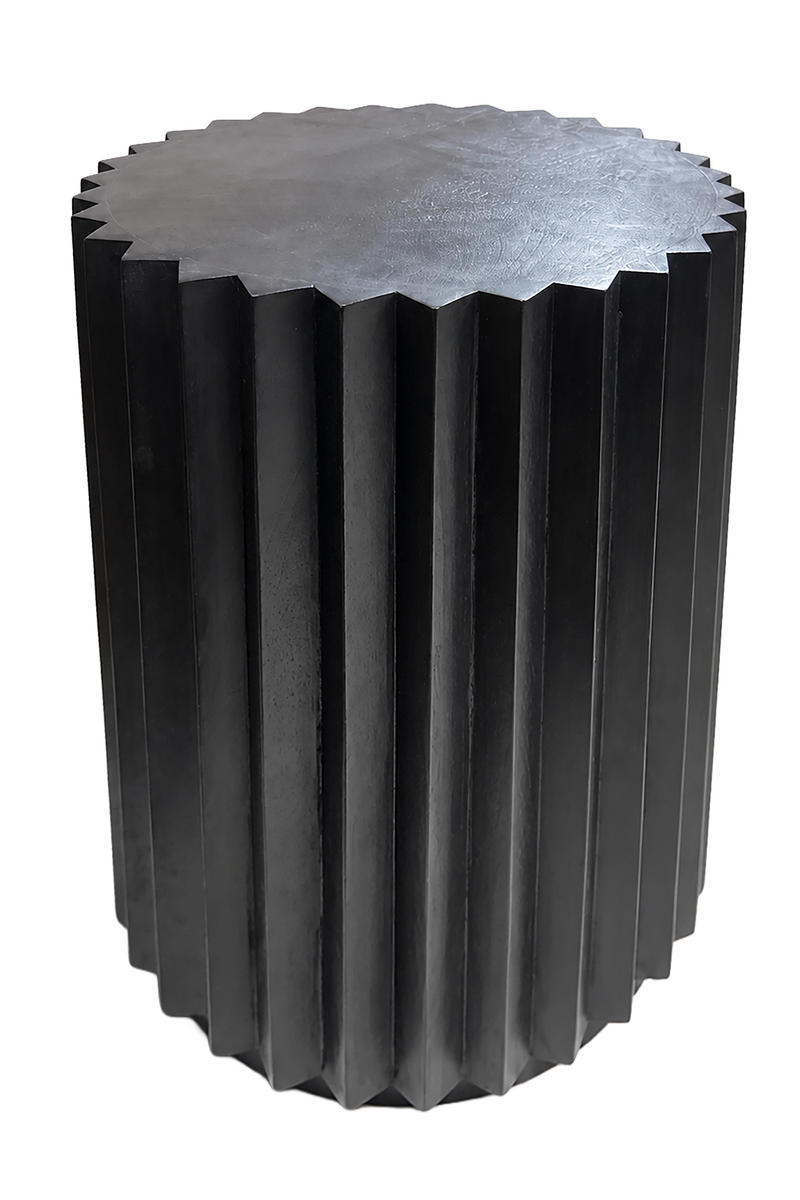 Barto Round Black Mango Wood Carved Ridge Side Table and Stool