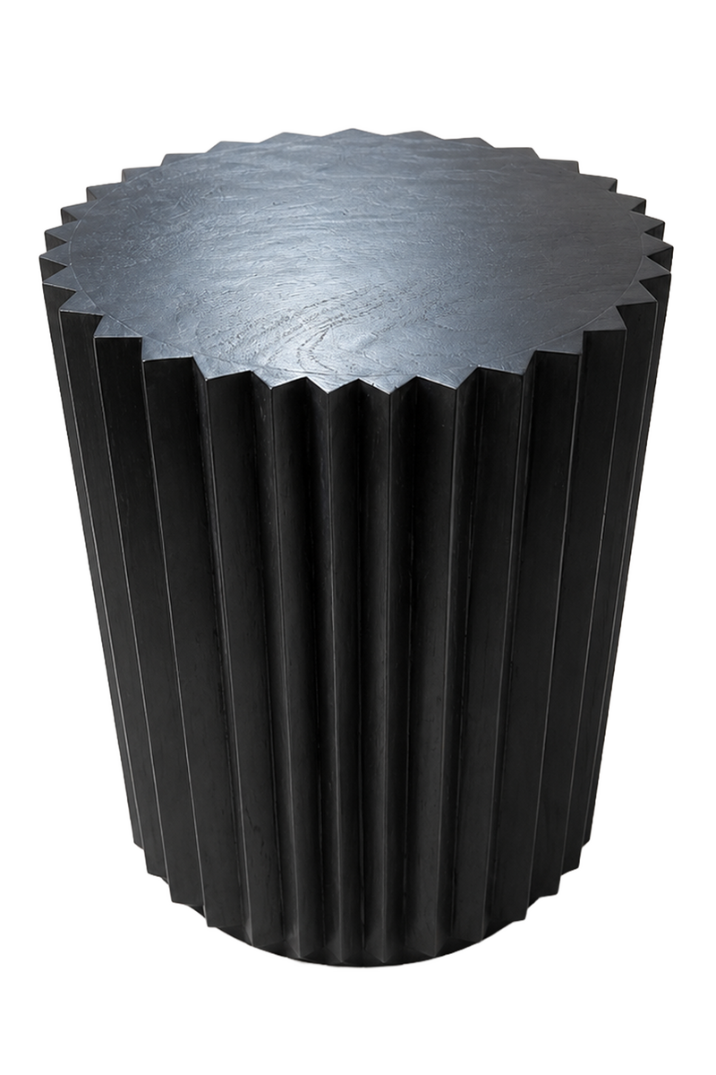 Barto Round Black Mango Wood Carved Ridge Side Table and Stool