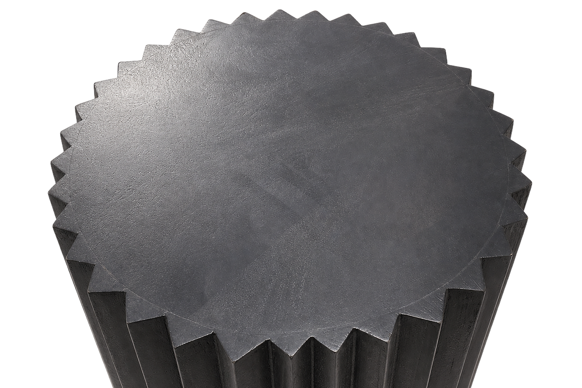Barto Round Black Mango Wood Carved Ridge Side Table and Stool