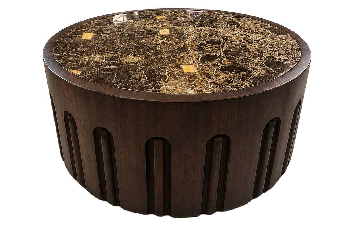Barola Round Brown Marble and Dark Mango Wood Carved Coffee Table