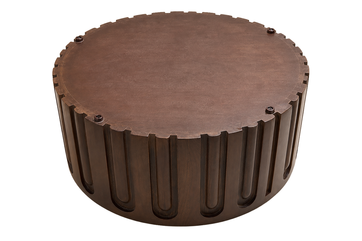 Barola Round Brown Marble and Dark Mango Wood Carved Coffee Table