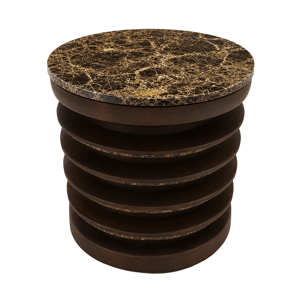 Barola Round Brown Marble and Mango Wood Carved Side Table