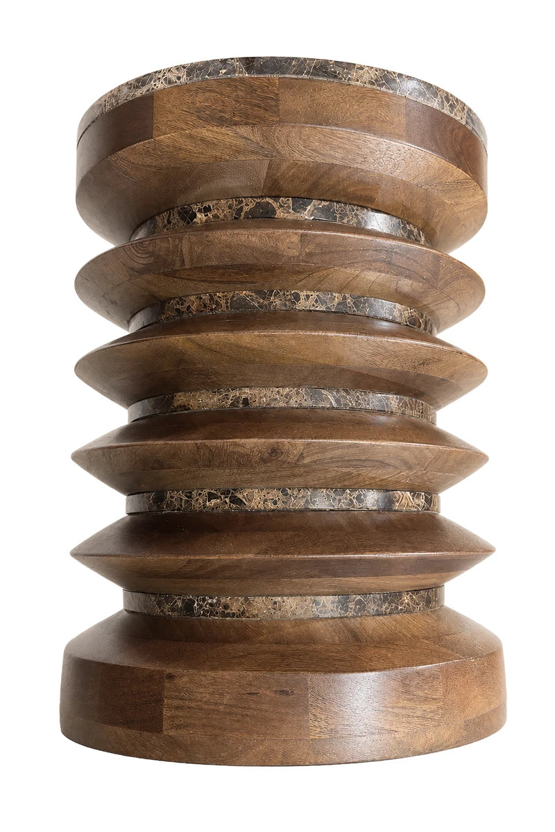 Barola Round Brown Marble and Mango Wood Carved Side Table