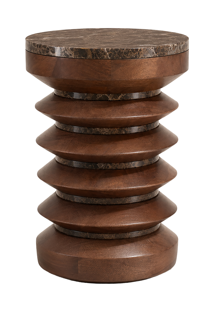 Barola Round Brown Marble and Mango Wood Carved Side Table