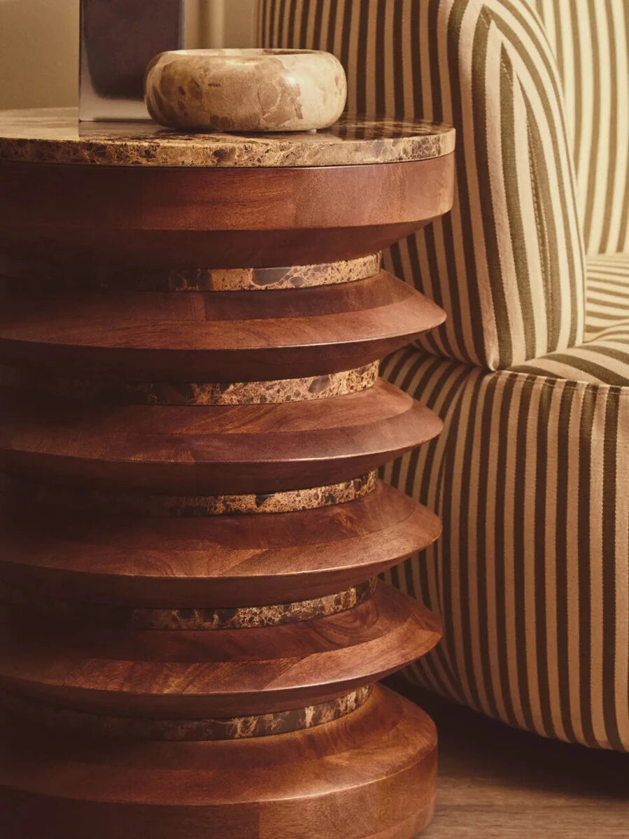Barola Round Brown Marble and Mango Wood Carved Side Table