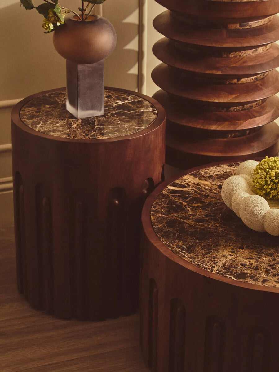 Barola Round Brown Marble and Mango Wood Carved Side Table