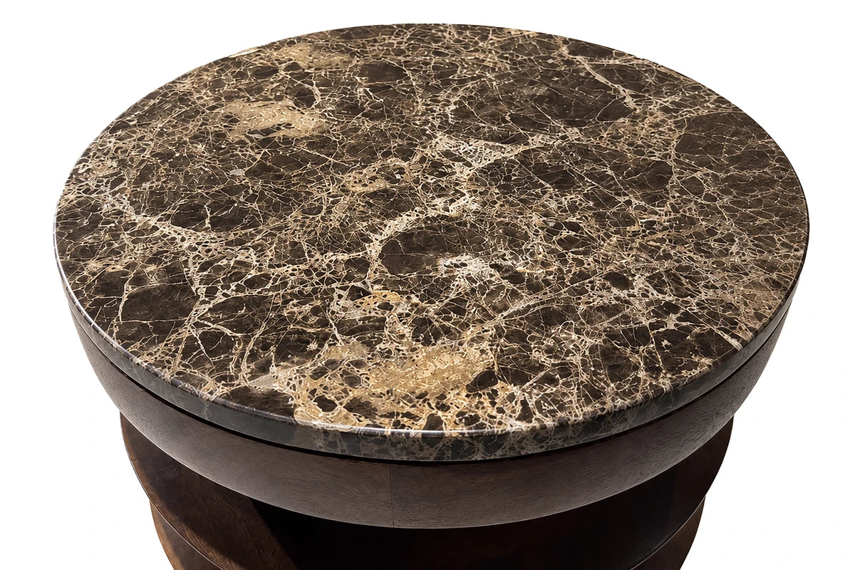 Barola Round Brown Marble and Mango Wood Carved Side Table