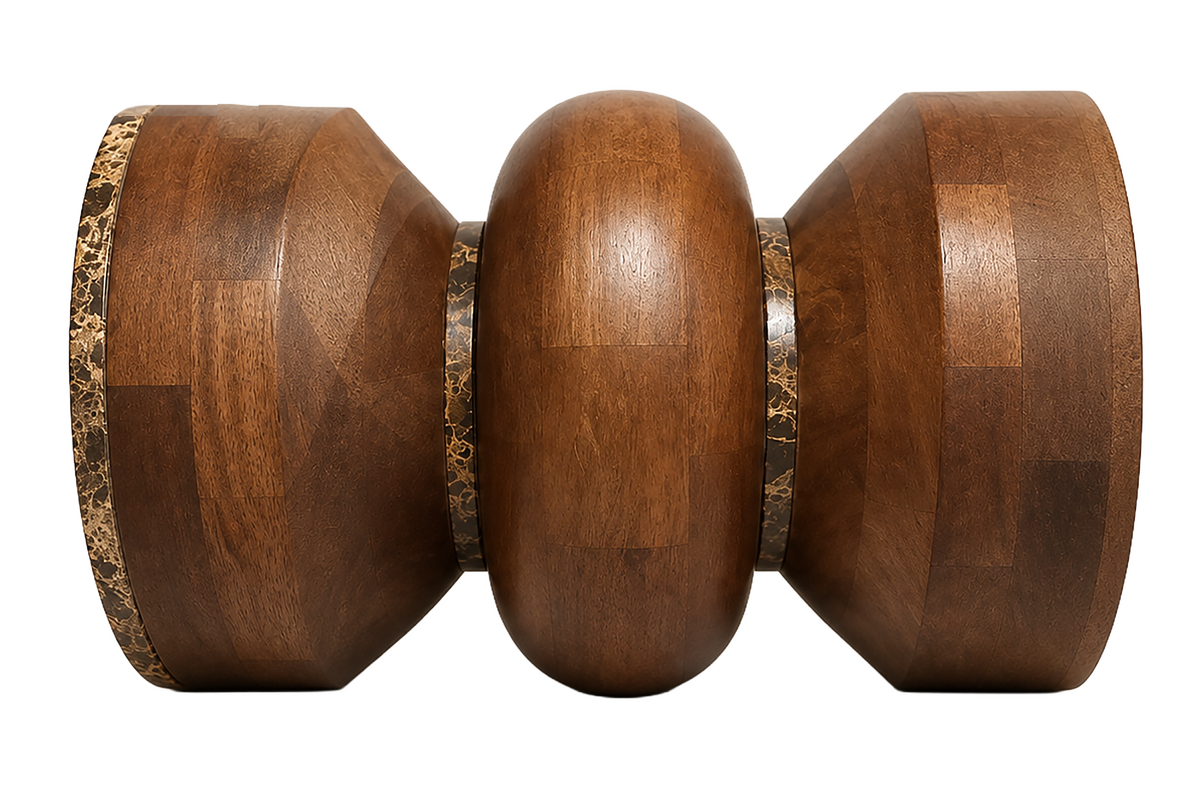 Barola Round Brown Marble and Mango Wood Carved Tiered Side Table
