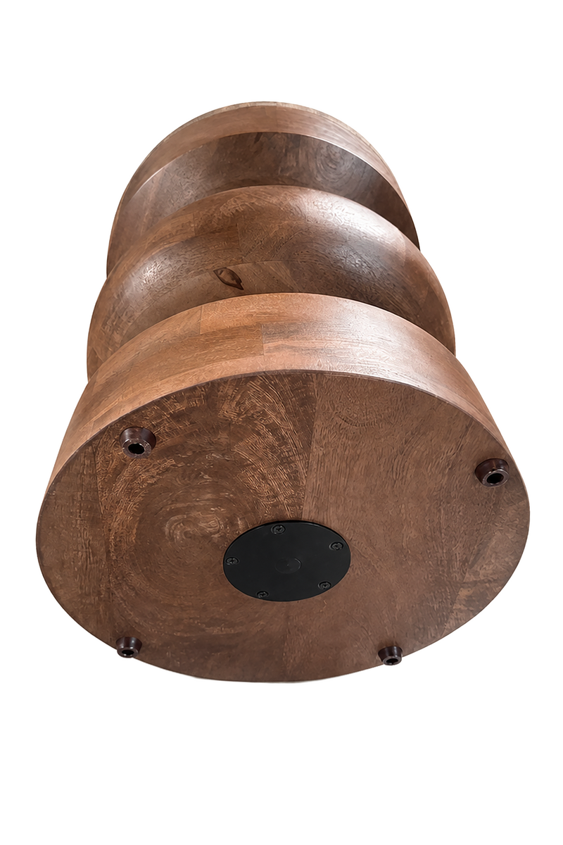 Barola Round Brown Marble and Mango Wood Carved Tiered Side Table