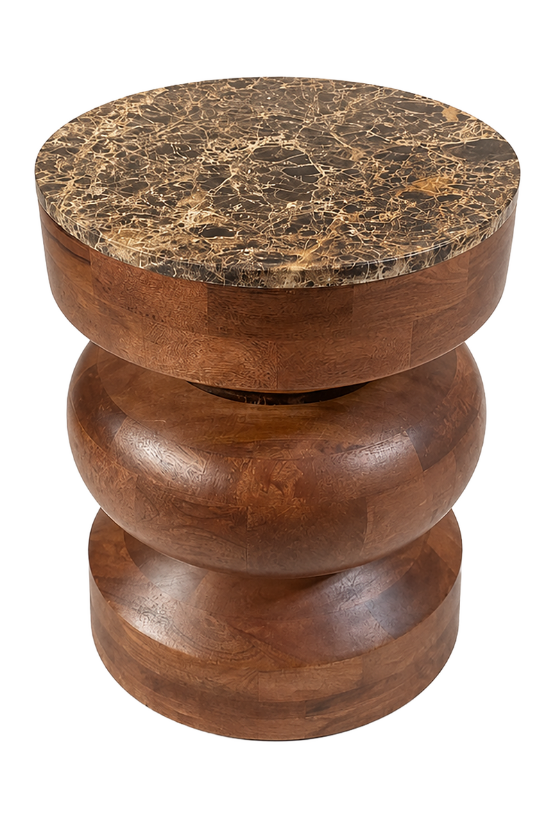 Barola Round Brown Marble and Mango Wood Carved Tiered Side Table