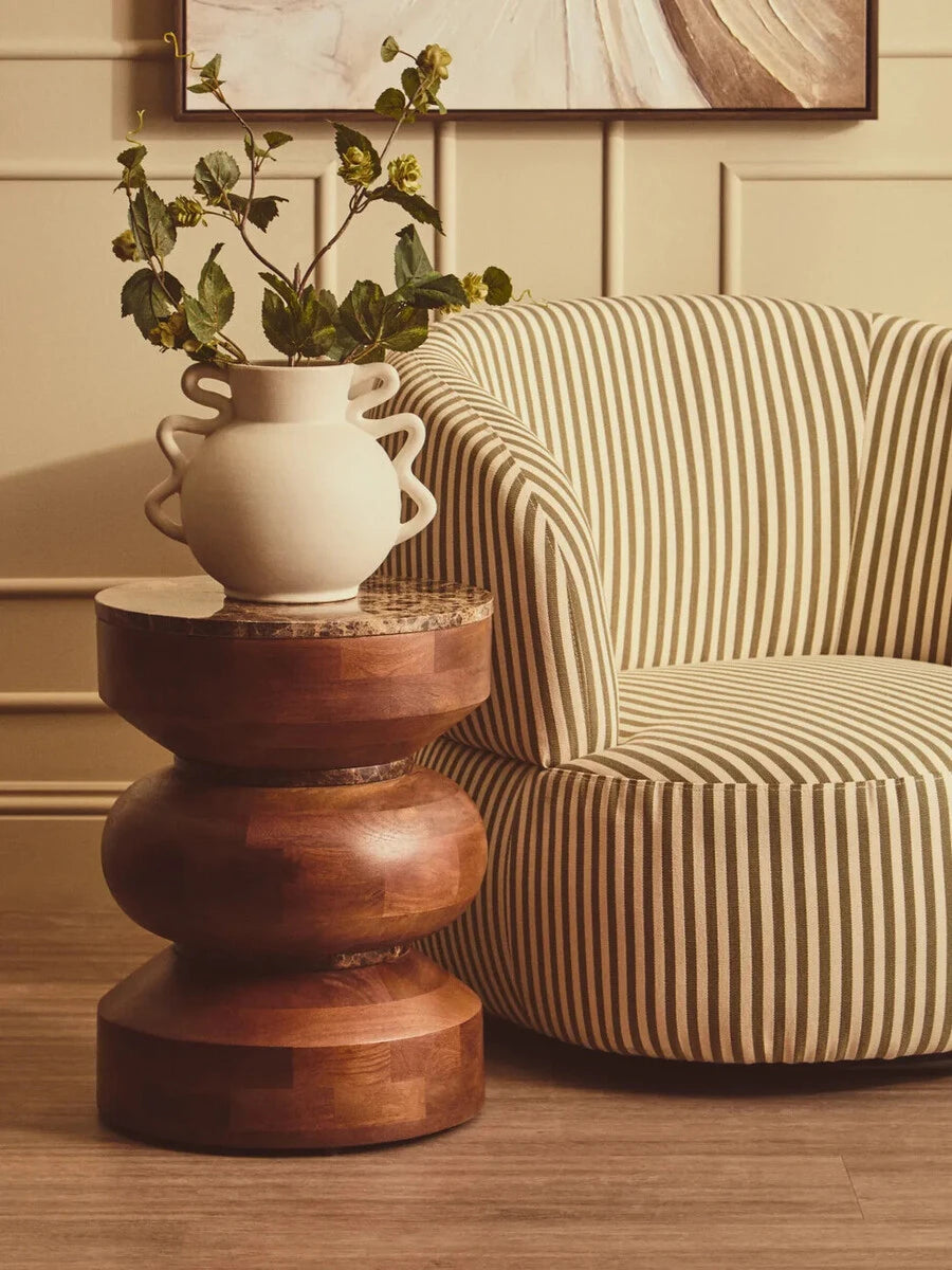 Barola Round Brown Marble and Mango Wood Carved Tiered Side Table