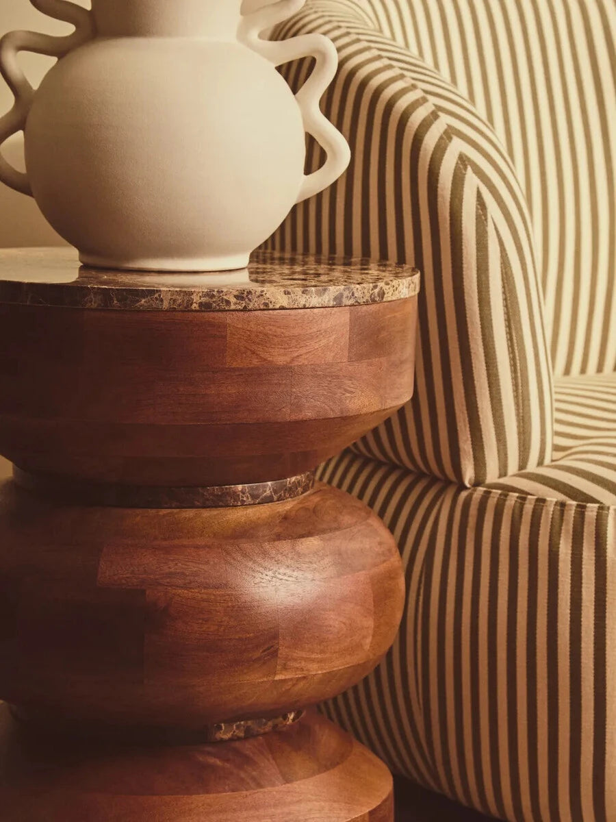 Barola Round Brown Marble and Mango Wood Carved Tiered Side Table