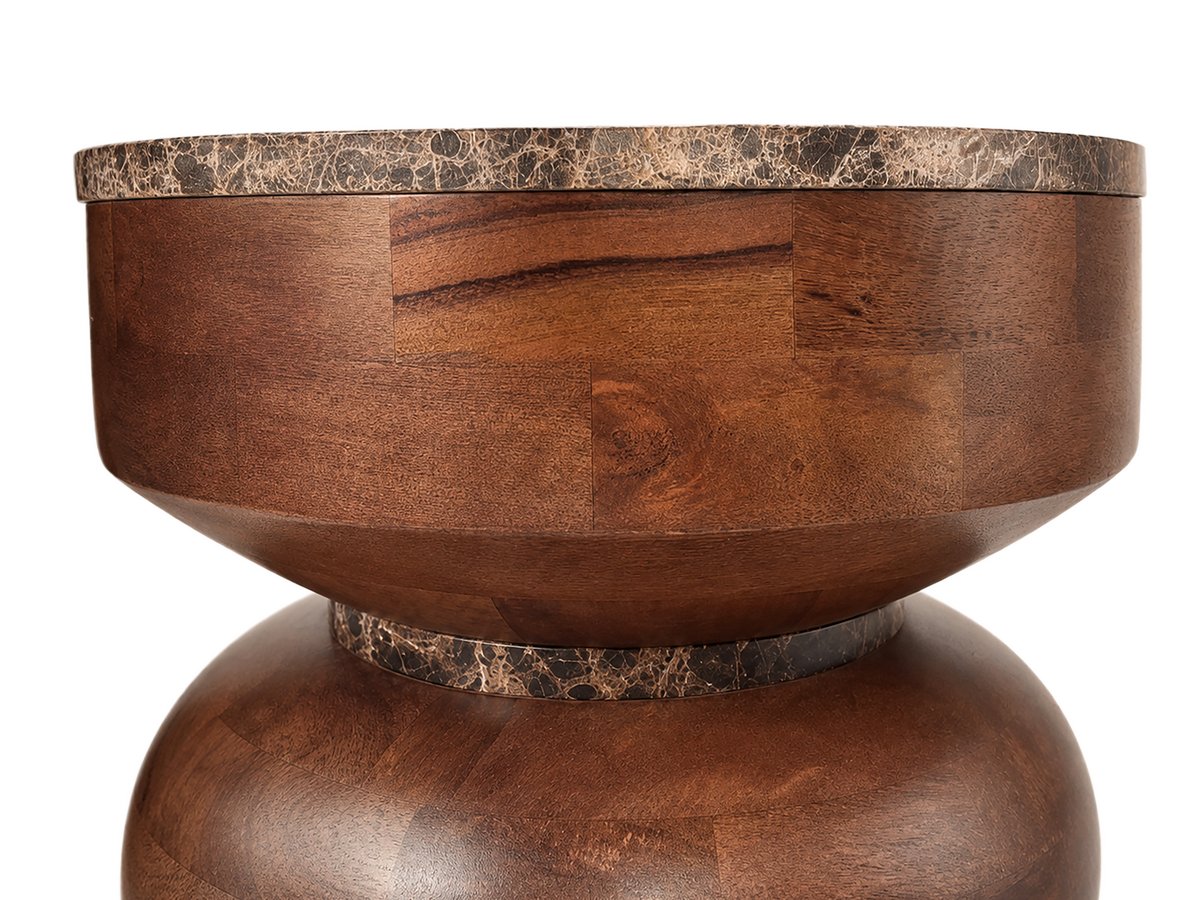 Barola Round Brown Marble and Mango Wood Carved Tiered Side Table