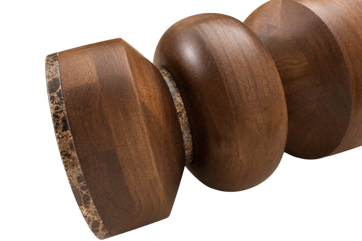Barola Round Brown Marble and Mango Wood Carved Tiered Side Table