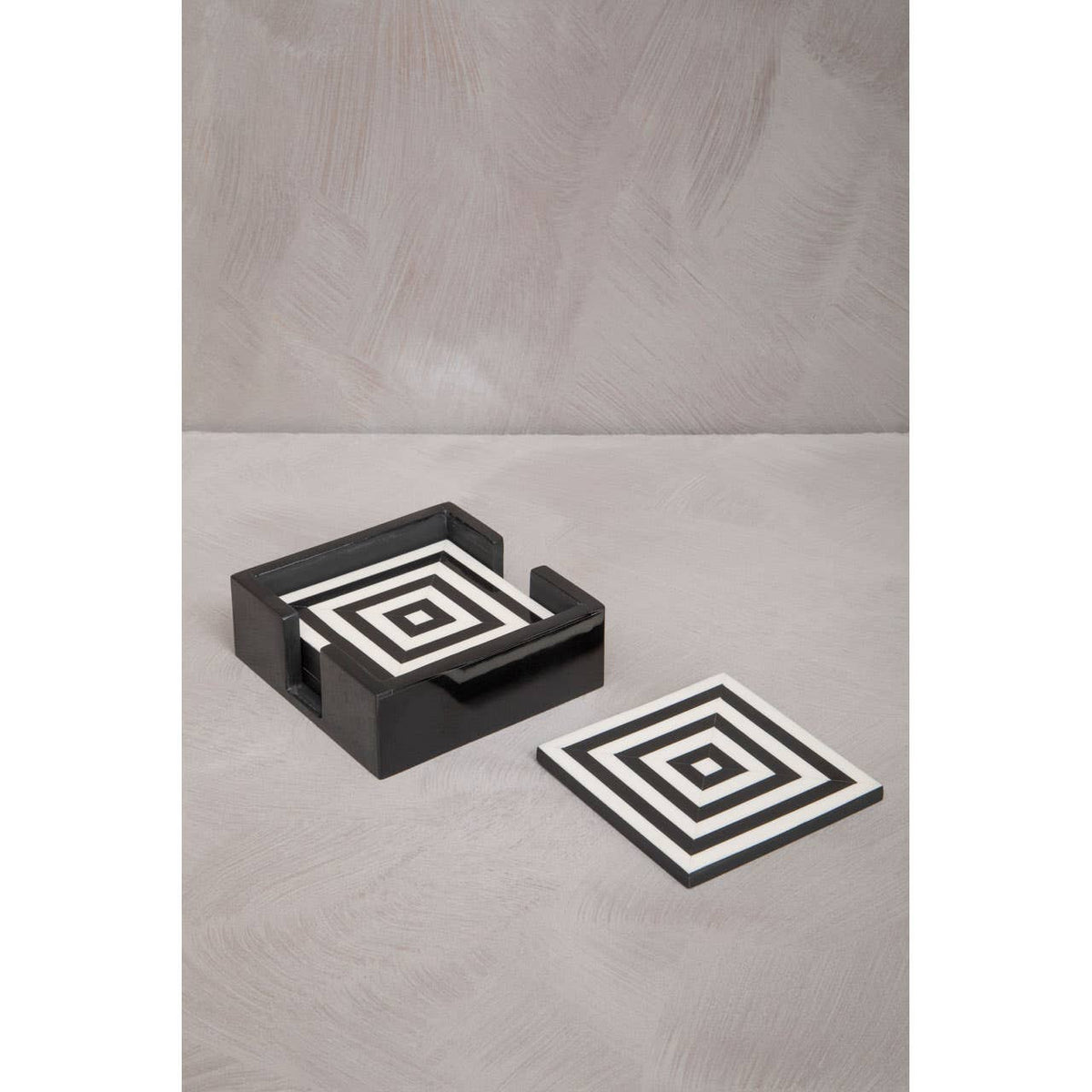 Donato Set of 4 Black and White Stripe Coasters with Holder