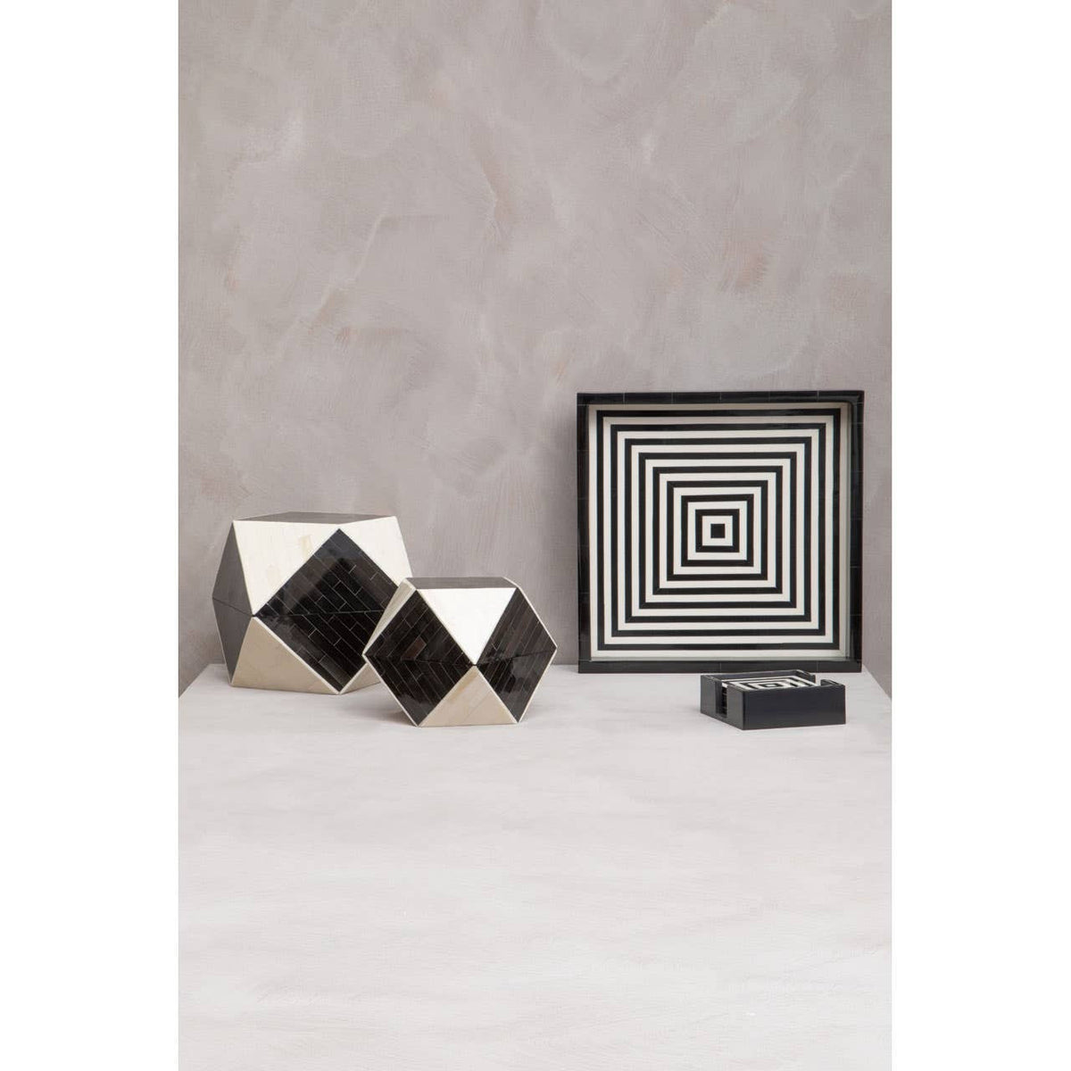Donato Set of 4 Black and White Stripe Coasters with Holder