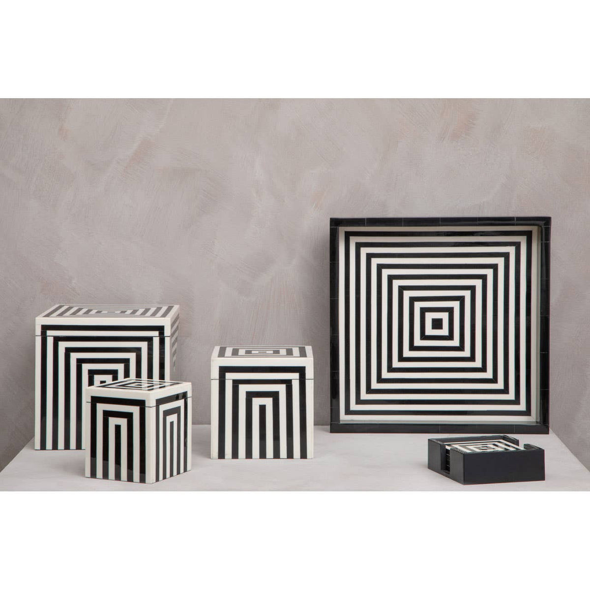 Donato Set of 4 Black and White Stripe Coasters with Holder