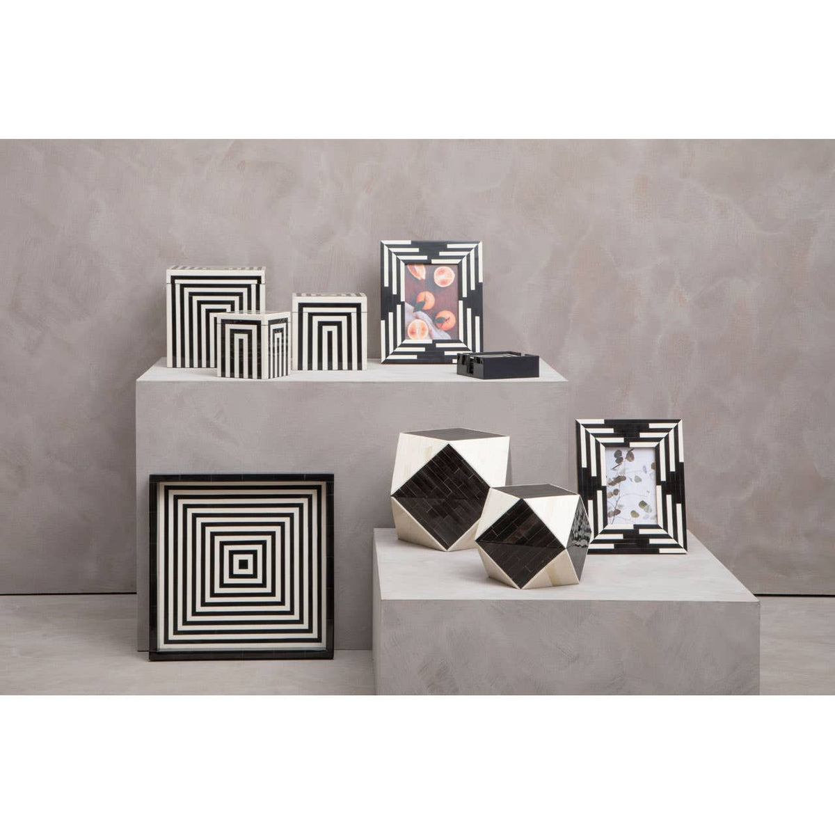 Donato Set of 4 Black and White Stripe Coasters with Holder