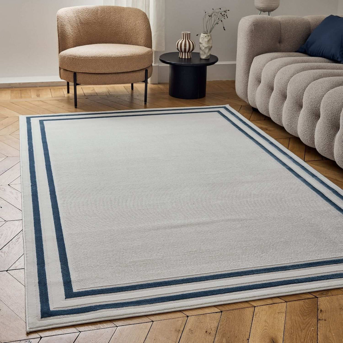Carmel Cream-Blue Bordered Rug | 6060