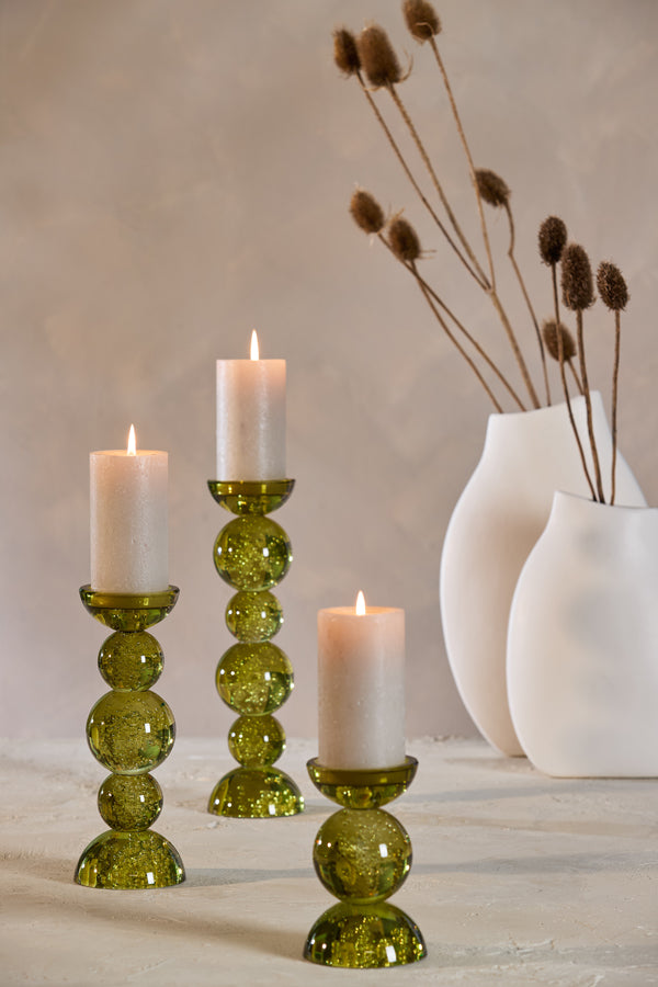 Candle stick 10x26,5 cm ITINGA glass bubble olive green