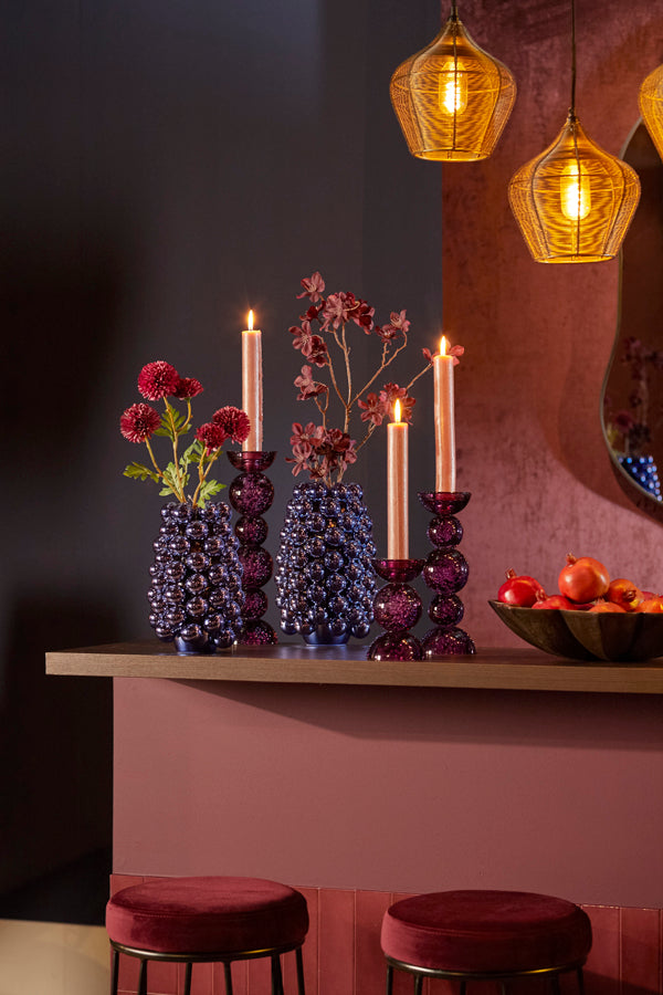 Candle stick 10x26,5 cm ITINGA glass bubble purple