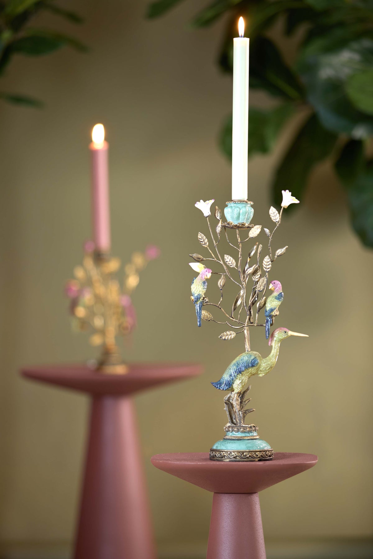 Candle stick 22x11x44 cm HERON yellow-pink-green+bronze