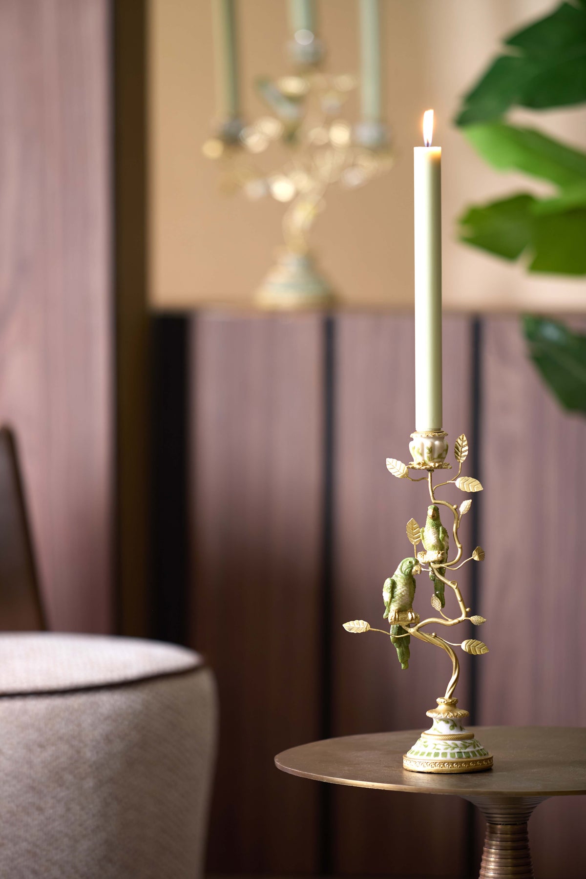 Candle stick 14x9x32,5 cm BIRD mint green-white+light gold