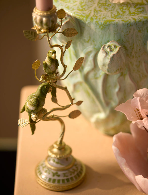 Candle stick 14x9x32,5 cm BIRD mint green-white+light gold