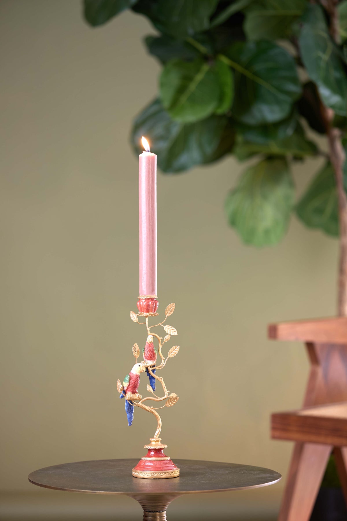 Candle stick 14x9x32,5 cm BIRD coral red+gold