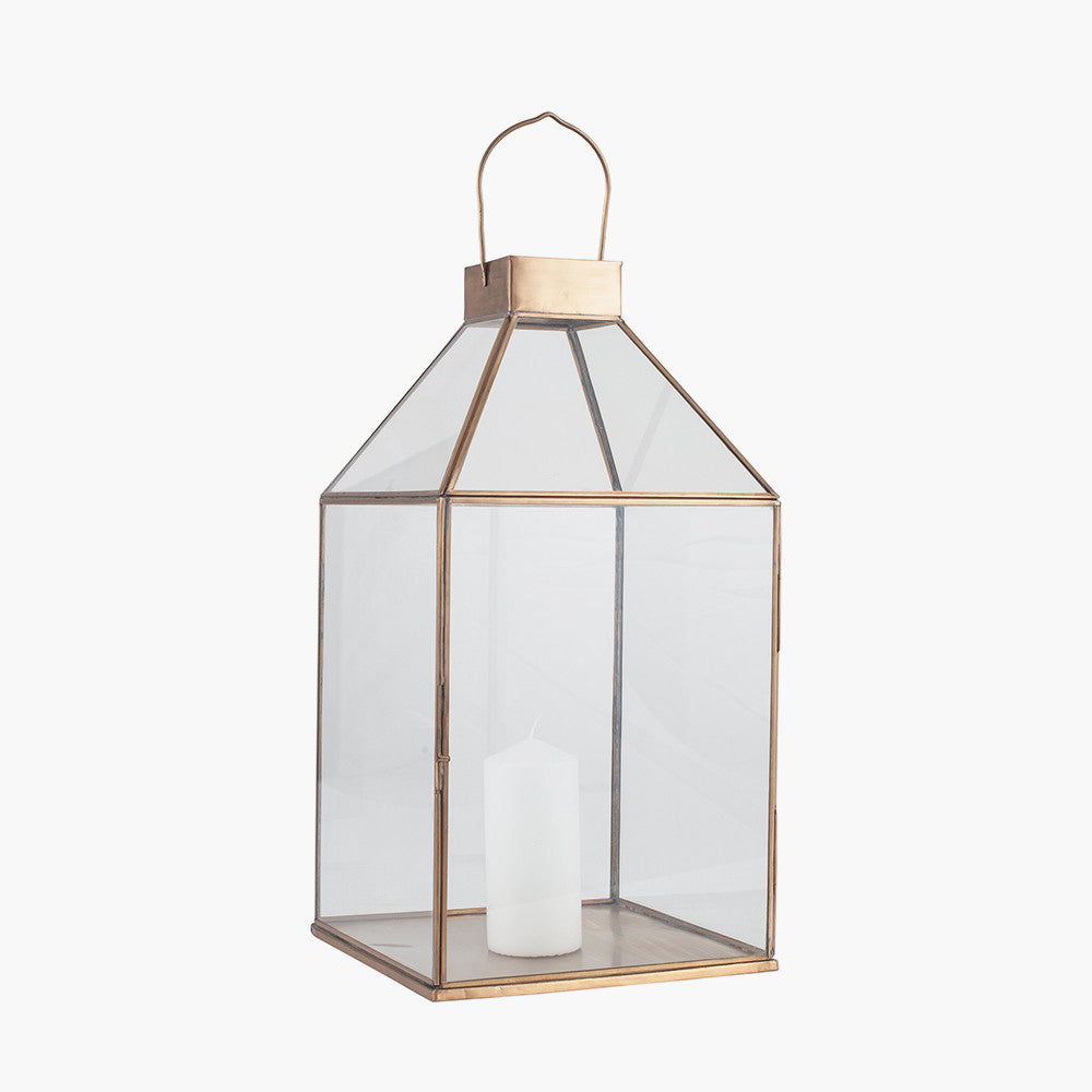 Shiny Brass Metal & Glass Square Lantern