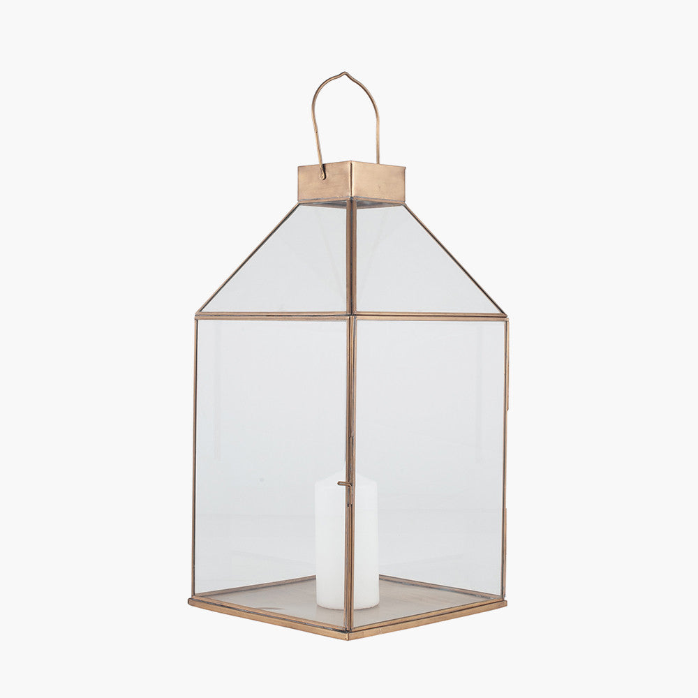 Shiny Brass Metal & Glass Square Lantern