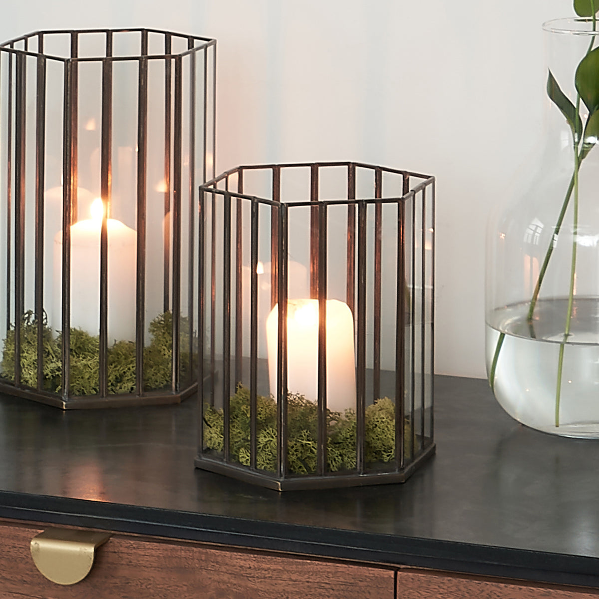 Antique Brass Metal & Glass Hexagonal Lantern Smal