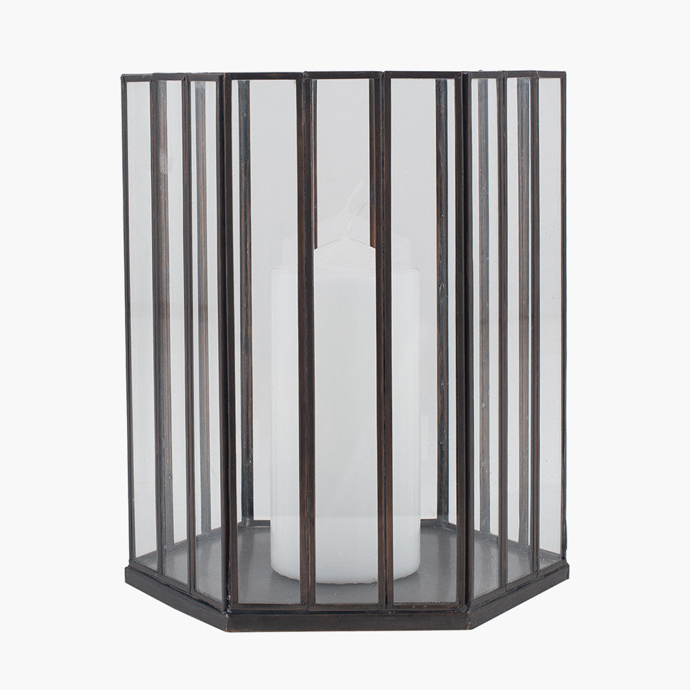 Antique Brass Metal & Glass Hexagonal Lantern Smal