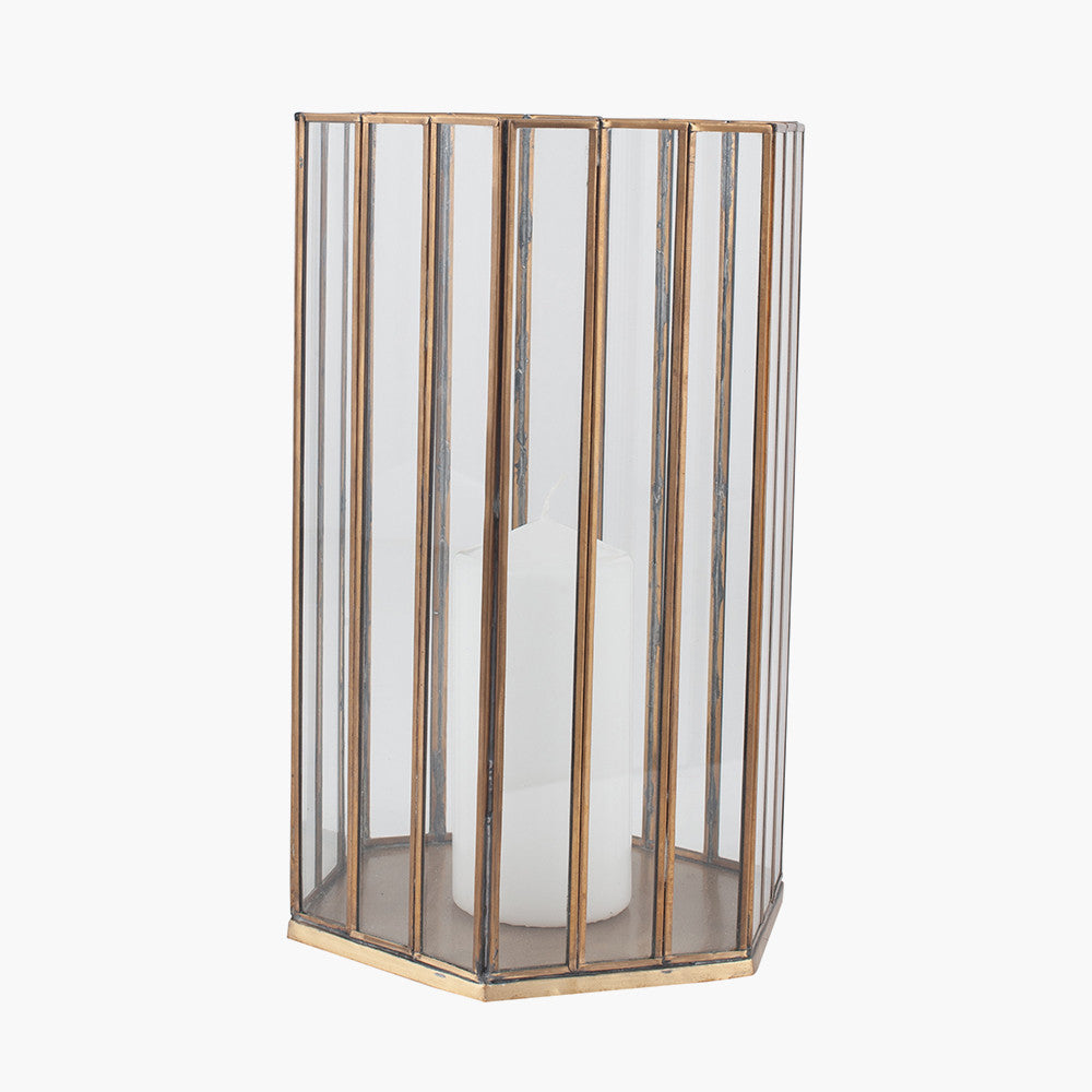 Shiny Brass Metal & Glass Hexagonal Lantern Large