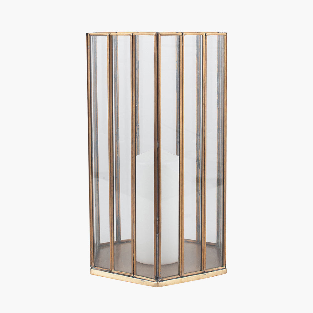 Shiny Brass Metal & Glass Hexagonal Lantern Large