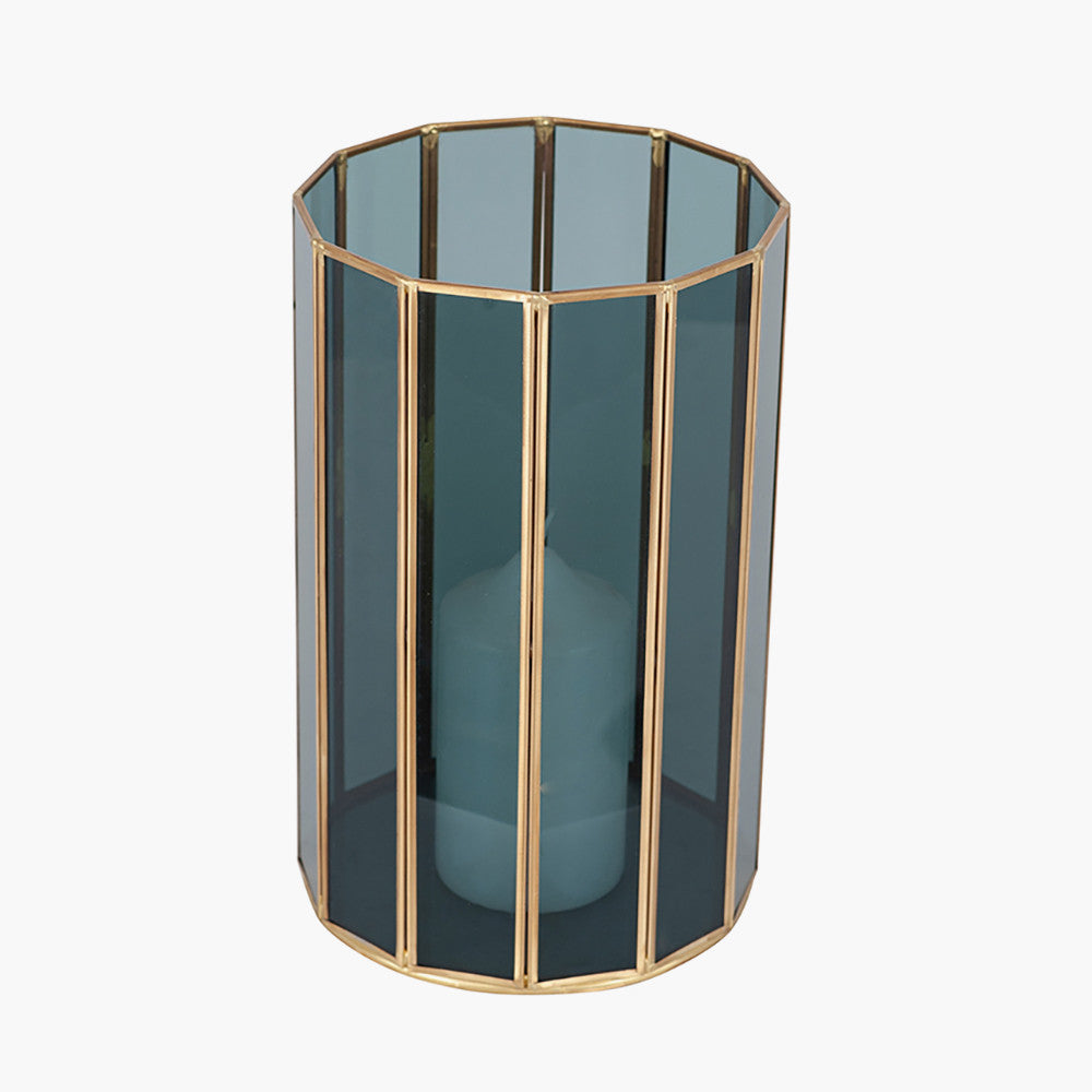 Smoked Glass and Brass Metal Small Round Hurricane