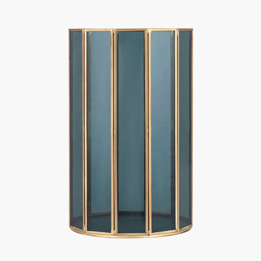 Smoked Glass and Brass Metal Small Round Hurricane