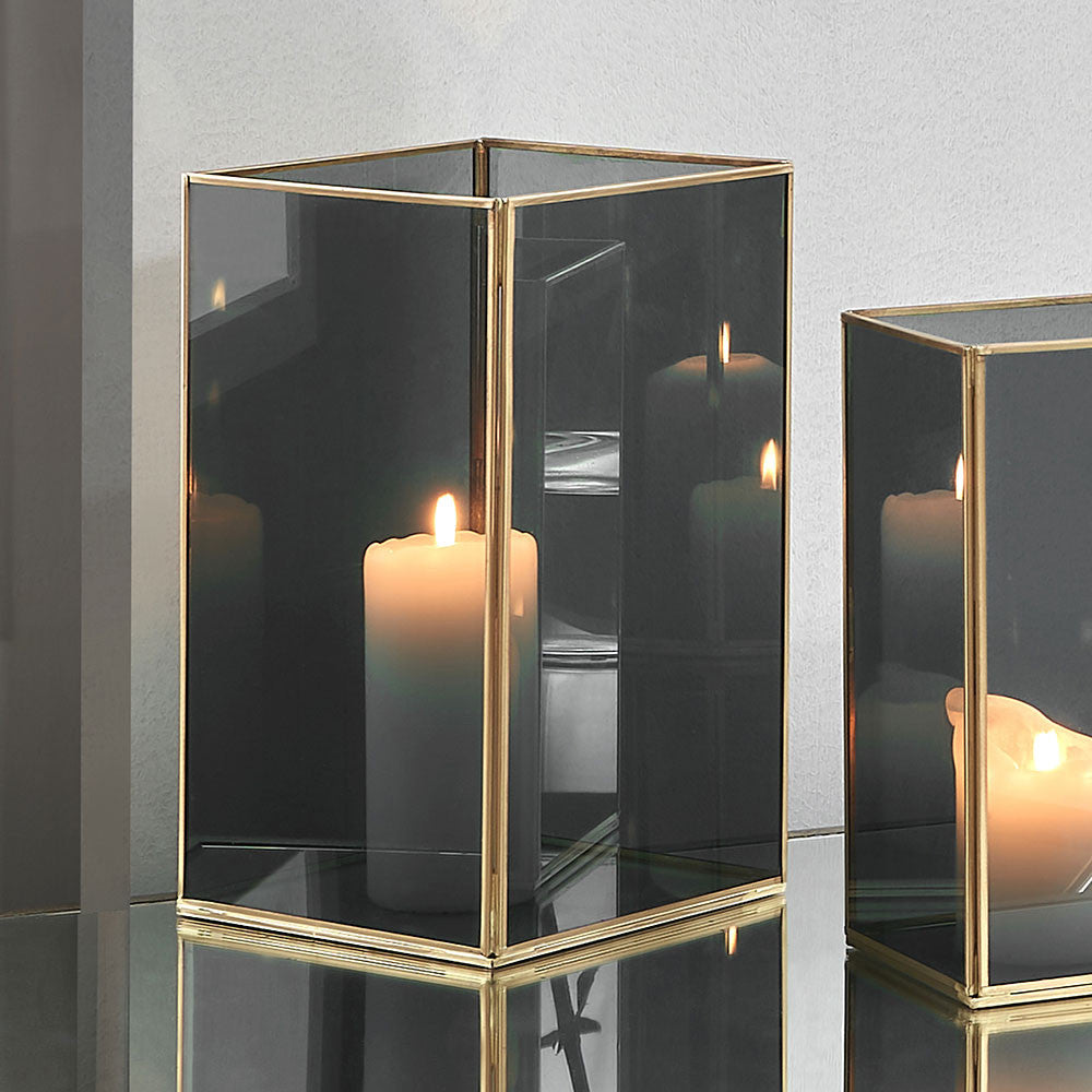 Smoked Glass and Brass Metal Large Square Hurricane