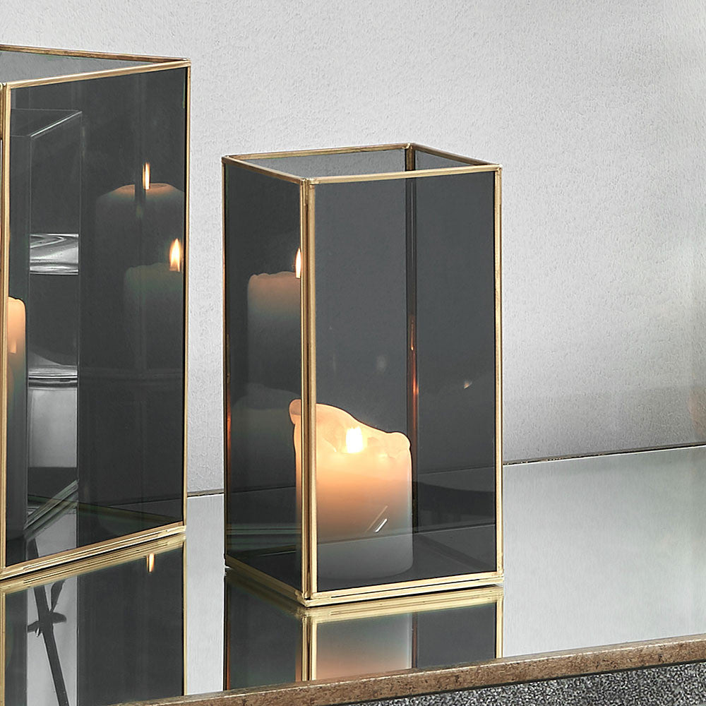 Smoked Glass and Brass Metal Medium Square Hurricane