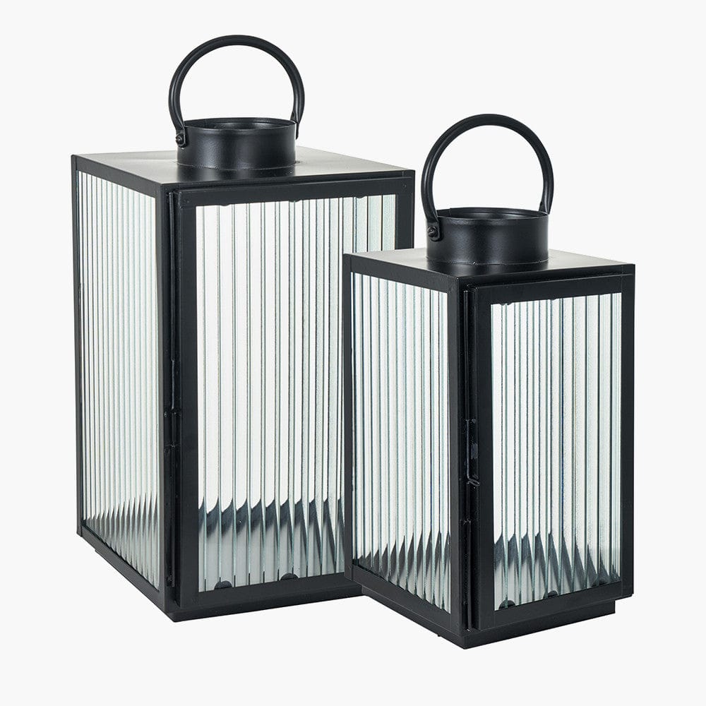 Pacific Lifestyle Accessories S/2 Black Metal and Ribbed Glass Lanterns House of Isabella UK