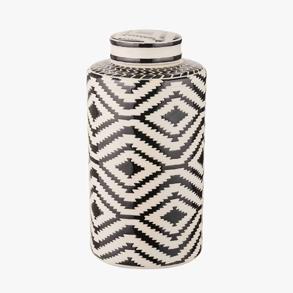 Chirala Black and White Ceramic Aztec Design Lidded Ginger Jar