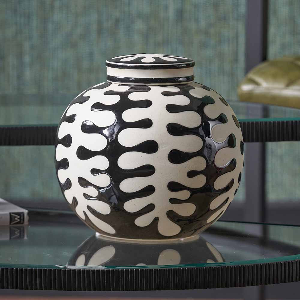 Elkorn Black and White Ceramic Coral Design Lidded Ginger Jar