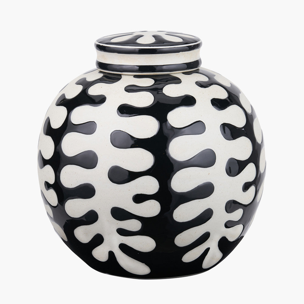 Elkorn Black and White Ceramic Coral Design Lidded Ginger Jar