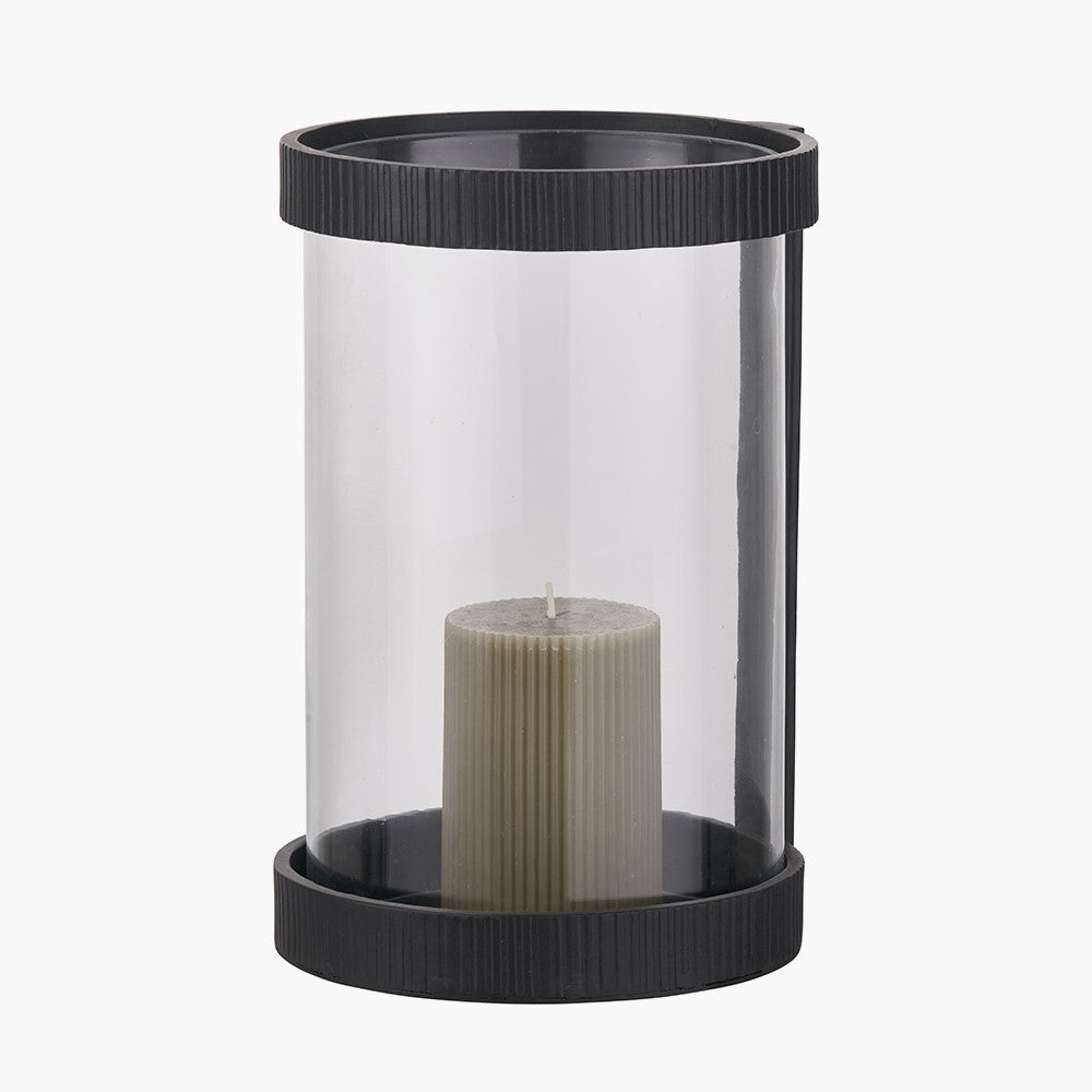 Black Ribbed Metal and Clear Glass Hurricane Large
