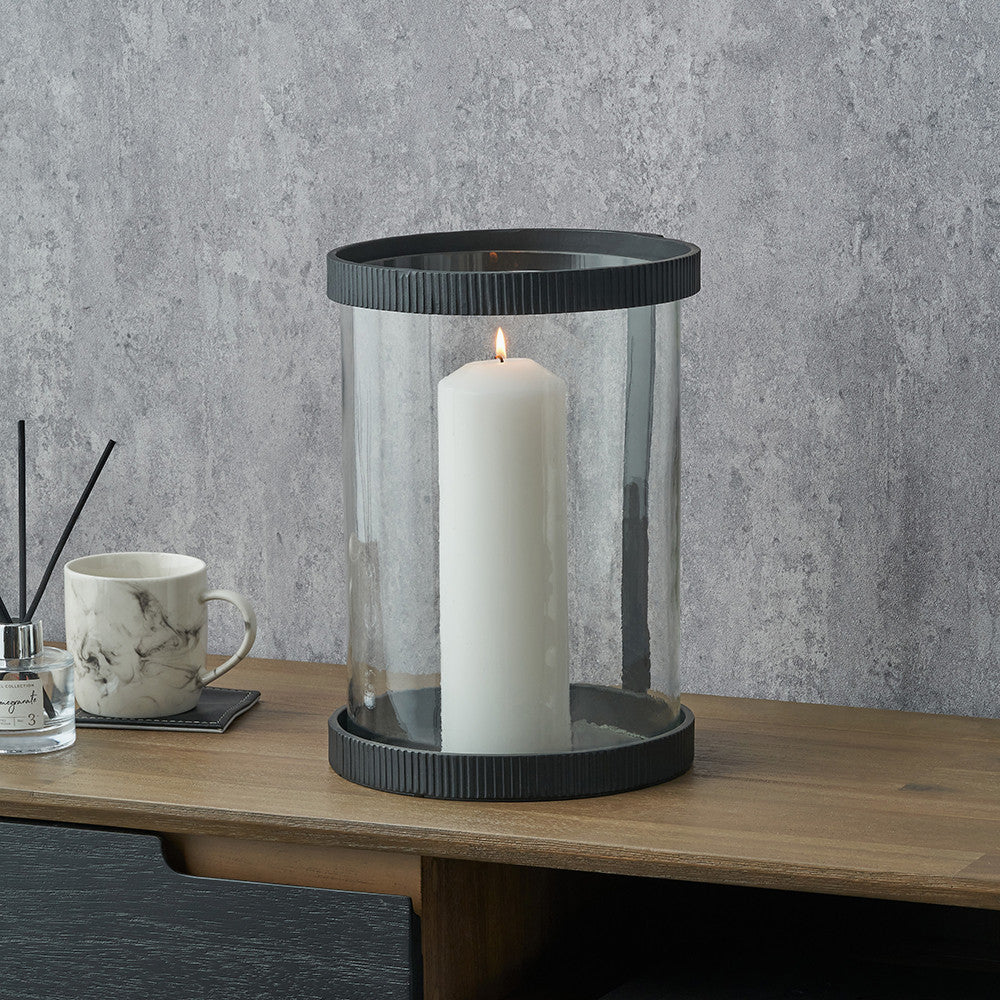 Black Ribbed Metal and Clear Glass Hurricane Large