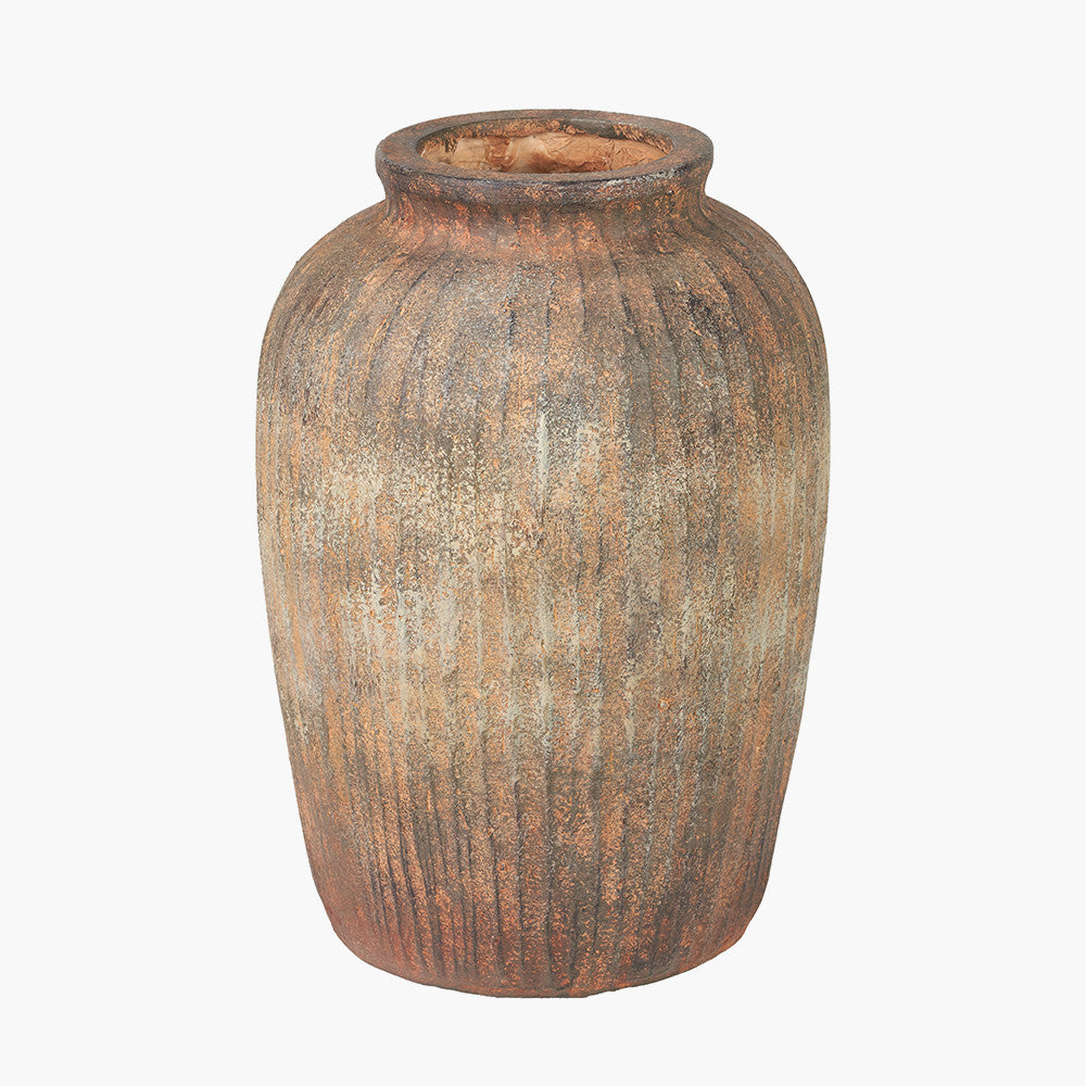 Rustic Brown Fibrestone Vertical Ribbed Decorative Vase Tall