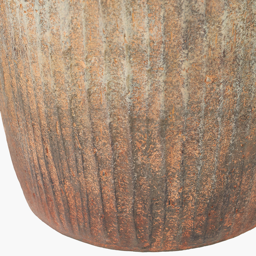 Rustic Brown Fibrestone Vertical Ribbed Decorative Vase Tall