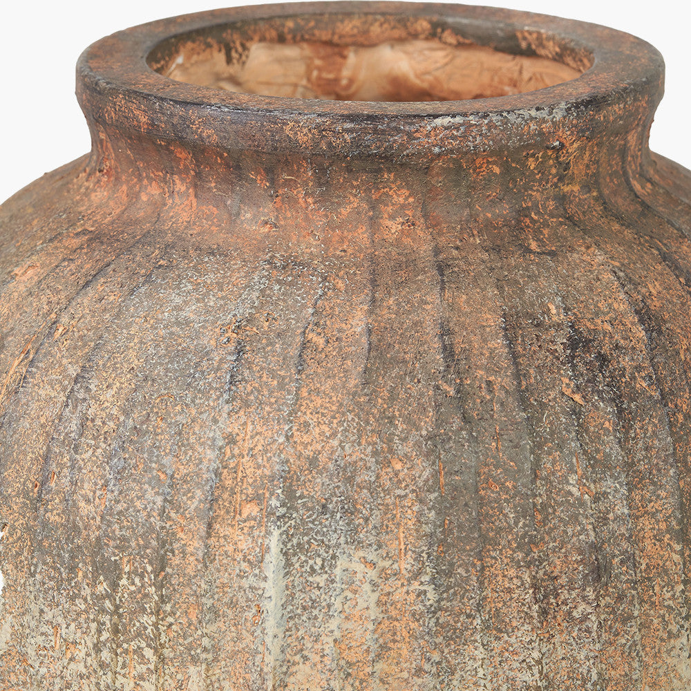 Rustic Brown Fibrestone Vertical Ribbed Decorative Vase Tall